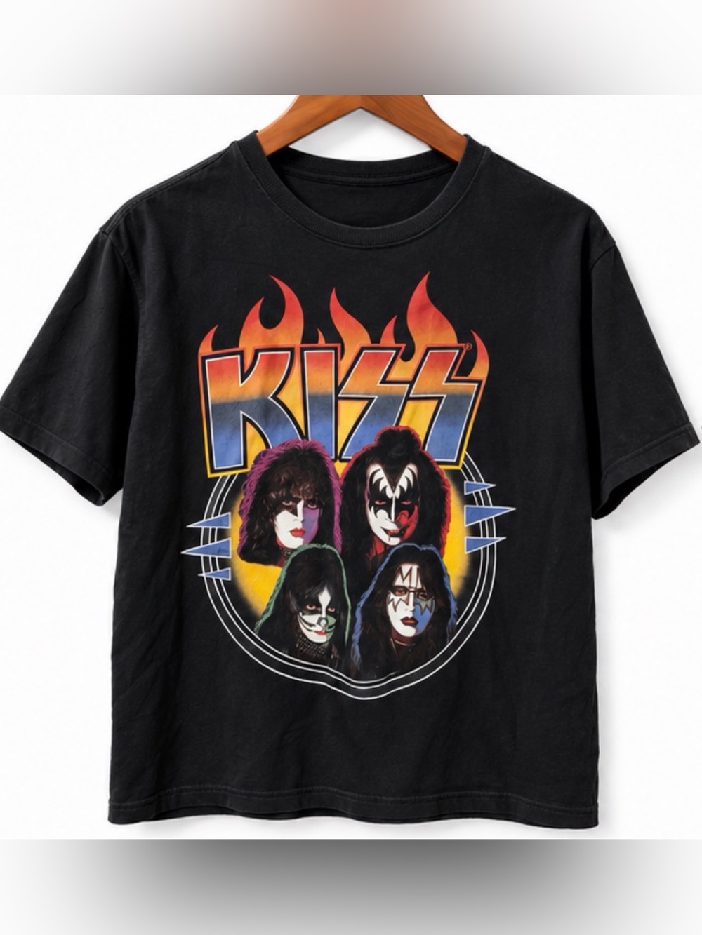 Kiss Black Tee with Red-Orange Flame Logo and Multicolor Portraits